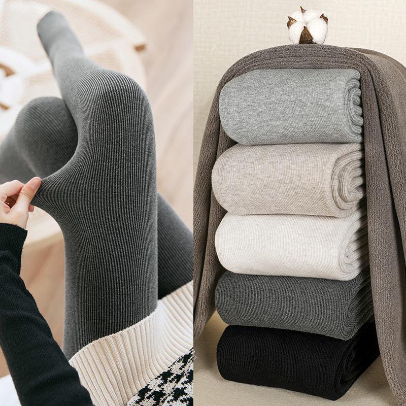 Grey Vertical Stripe High-Waisted Leggings for Women with Thin Fleece, Footed Tights, and Thickened Design for Autumn and Winter.