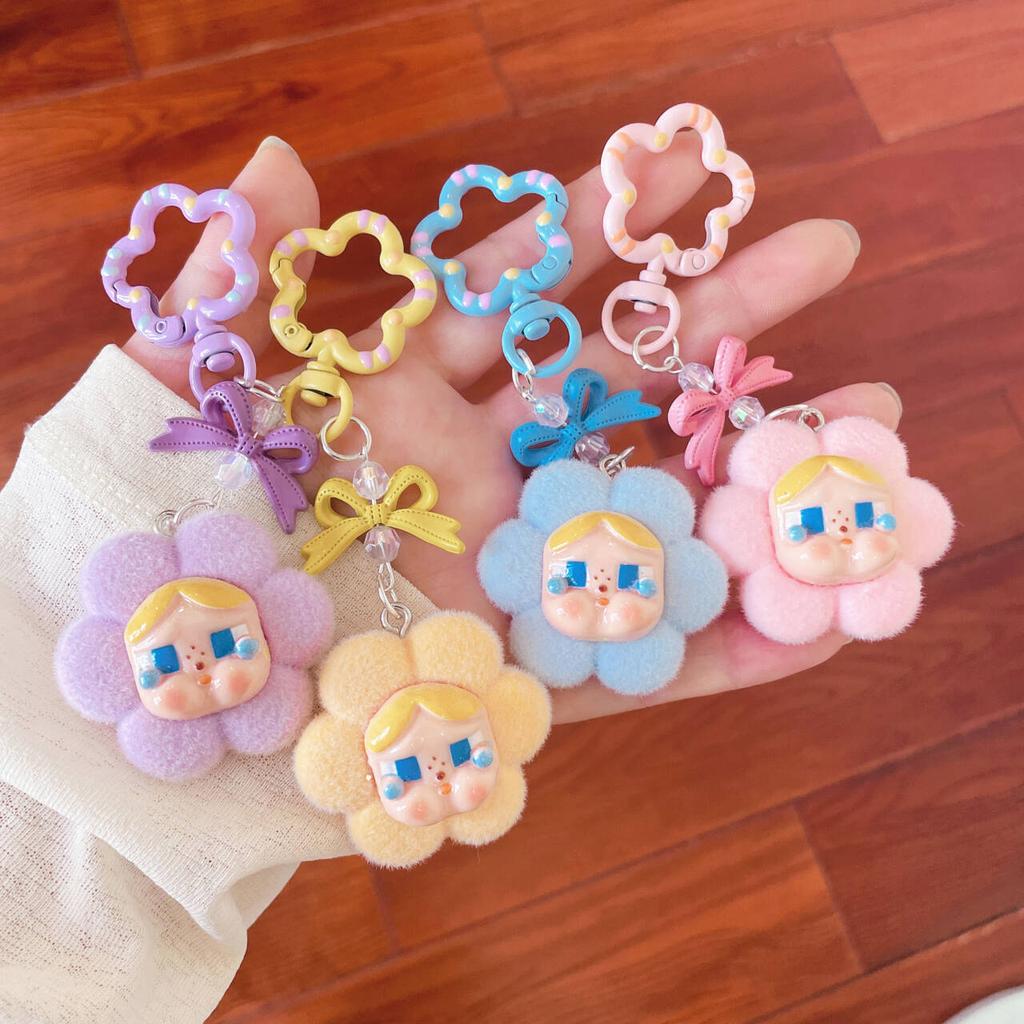Cartoon Flocking Crying Baby Keychain Small Flower Cute Pendant Trendy Play Doll Girl Heart Bag Exquisite Hanging Jewelry