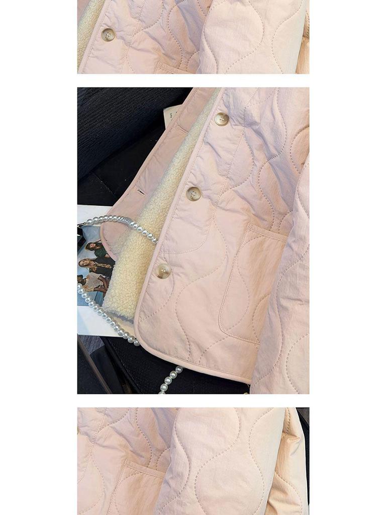 Women's Pink Fleece-Lined Cotton Coat - 2025 Autumn/Winter Fashionable Student Commuting Padded Jacket