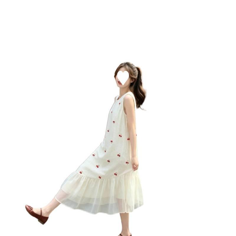 Gentle apricot sleeveless dress crew neck cherry print loose meat mesh stitching fishtail long dress vacation style
