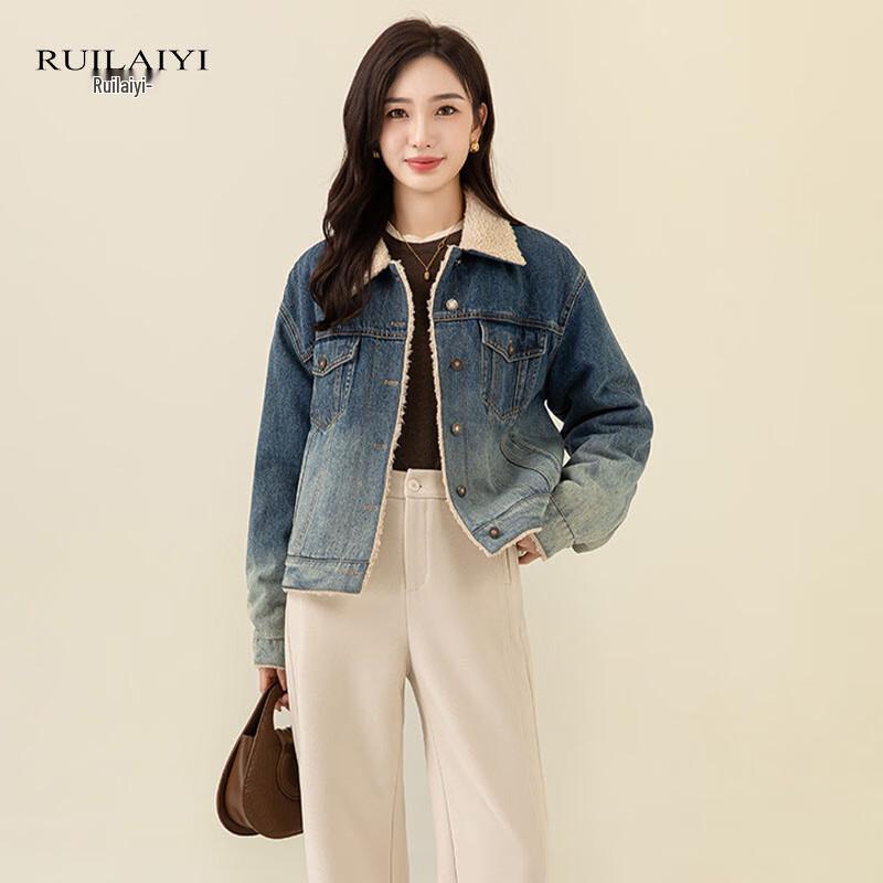 

RUILAIYI Women s Gradient Blue Fleece-Lined Denim Jacket 2XL