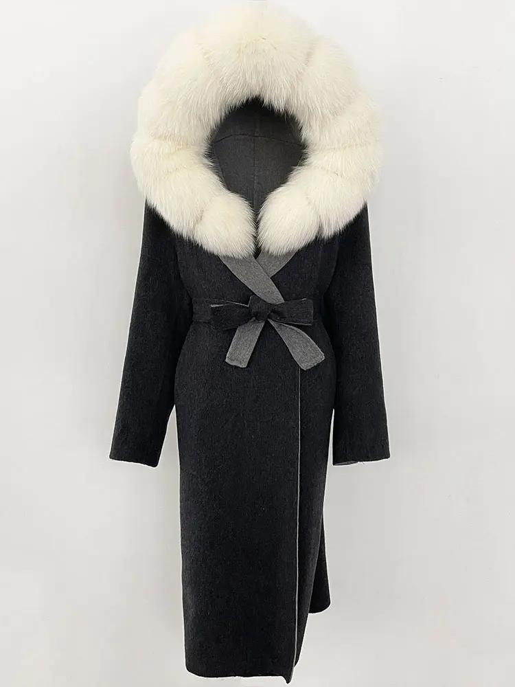 OFTBUY Winter Women Coat Real Natural Fox Fur Hooded Detachable Collar Double-faced Woolen Jacket Long Casual Elegant Overwears