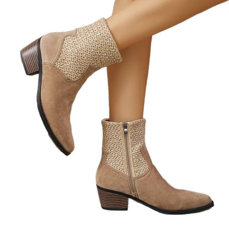 Large Size Pointed Square and Side Zipper Splicing Wind Smoke Boots Autumn and Winter New Outer Wear Medium Tube Women's Boots