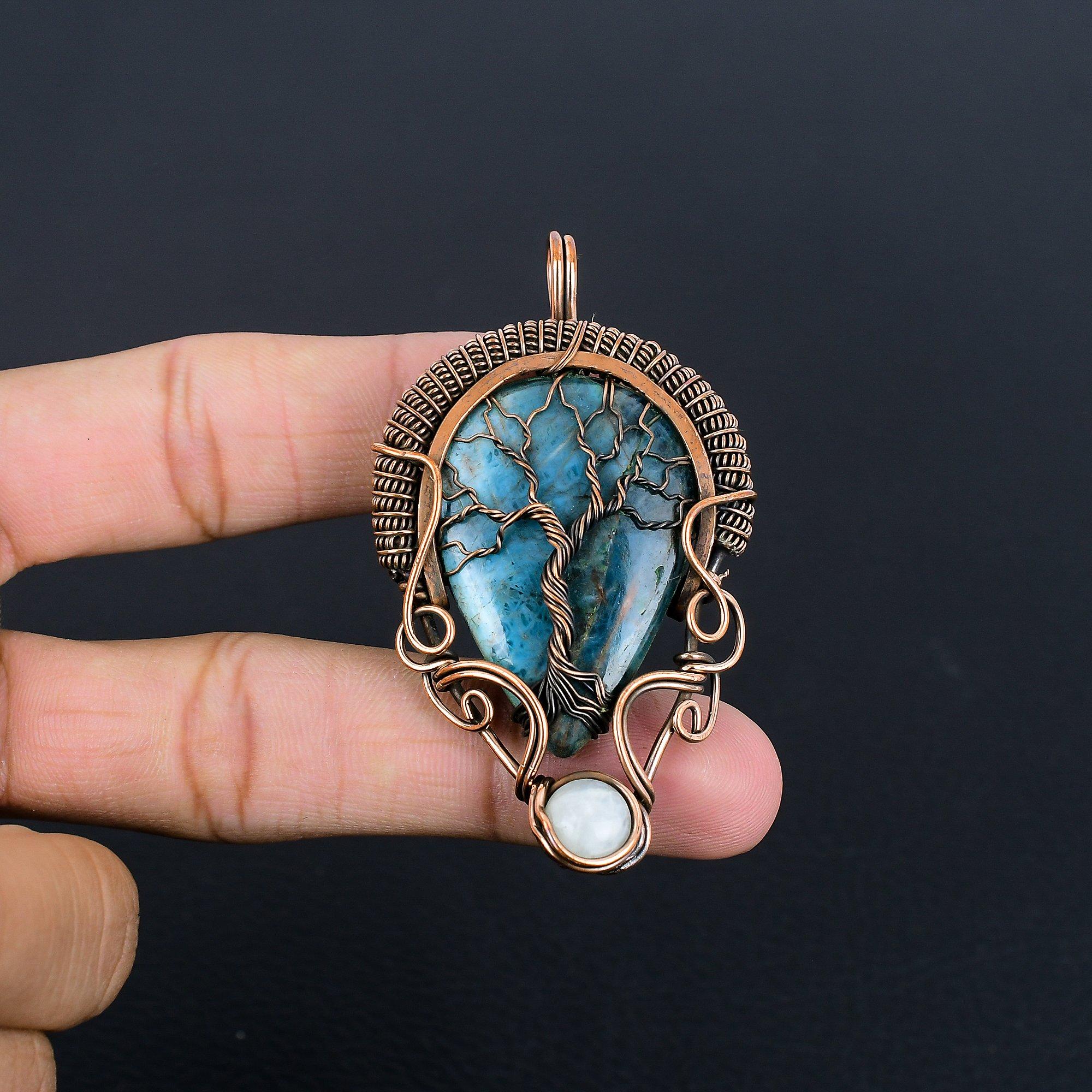 

Neon Blue Apatite Gemstone Pendant 999 Copper Wire Wrapped Jewelry, Handmade Antique Pendant Jewelry, Gift For Mother 2.25 Inches