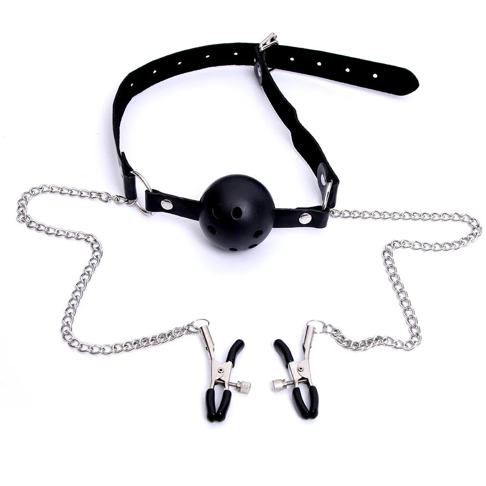 Erotic Toy PU Leather Mouth Gag Ball Oral Sex with Chain Clip Breast Nipple Clamps Fetish Bondage Harness Sex Toys Adult Games