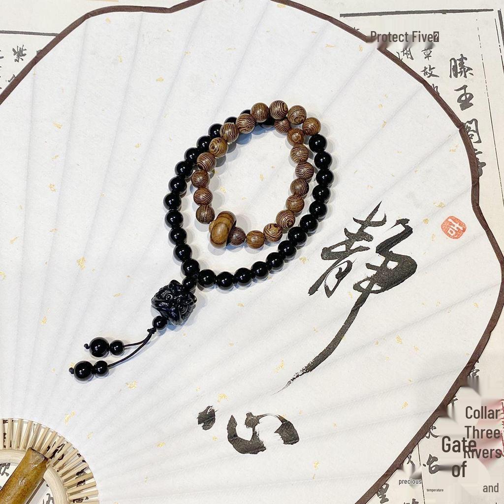 New Chinese Style Double Lion Charm Wood and Glass Bead Bracelet