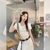 Gentle wind irregular pleated swinging neck short-sleeved top summer summer slim and thin ins pure desire T-shirt women