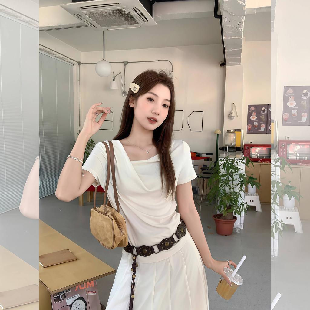 Gentle wind irregular pleated swinging neck short-sleeved top summer summer slim and thin ins pure desire T-shirt women