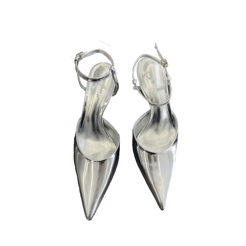 2025 Spring and Autumn New Fashion Pointed Head Bag Head Sandals Women's Rear Tripple Strap Thin Heel Empty High Heels Children