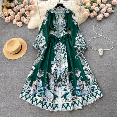 Frühlings-Partykleid mit französischem Aufdruck für Damen, Vintage, V-Ausschnitt, Puffärmel, lange Urlaubskleider, elegantes Pendlerkleid
