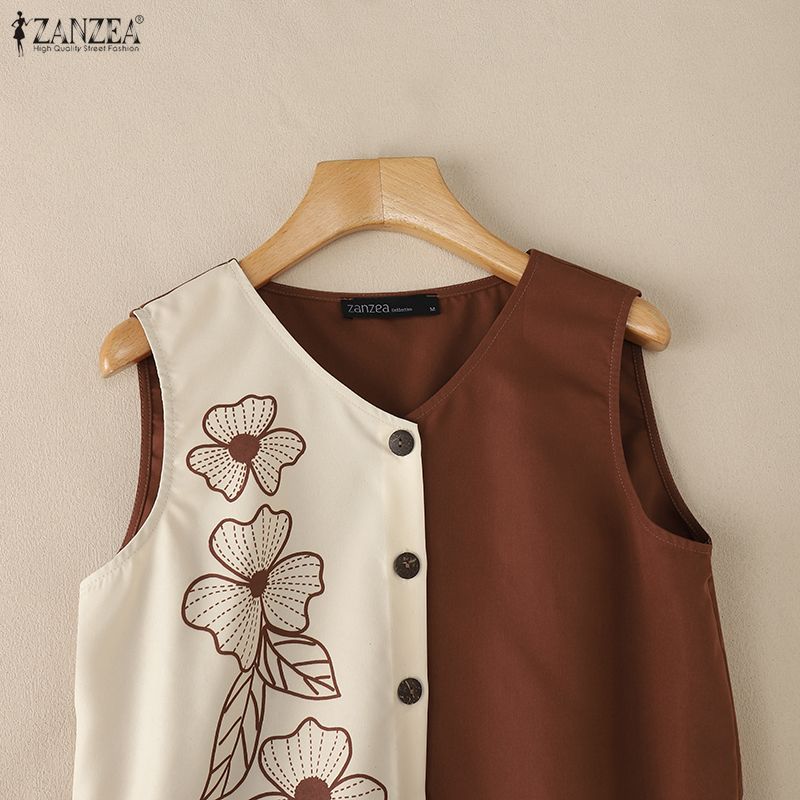 ZANZEA Women Casual V-Neck Sleeveless Print Tank Tops