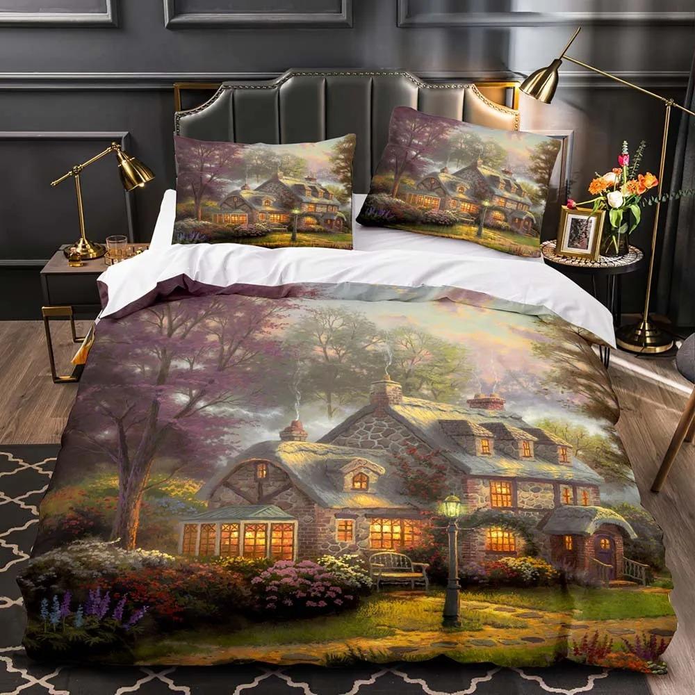 Set Copripiumino Fantasy World Forest, Set Biancheria da Letto Castello Cartone Animato, Copripiumino in Poliestere Albero Elfo Magico Misura Queen King Full Twin