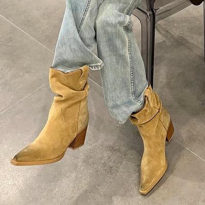Cowhide Version~ Western Cowboy Boots Brown Pointed Head Suede Thin Pleated Stacking Boots V-mouth Thick Heel Medium Tube Short Boots