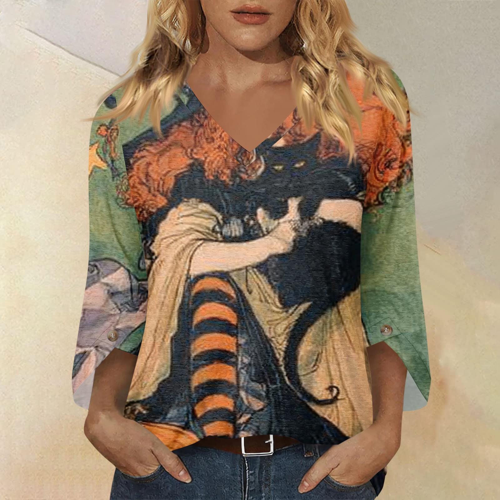 Women s Casual Halloween Print V-Neck 3/4 Sleeve Blouse Top XL