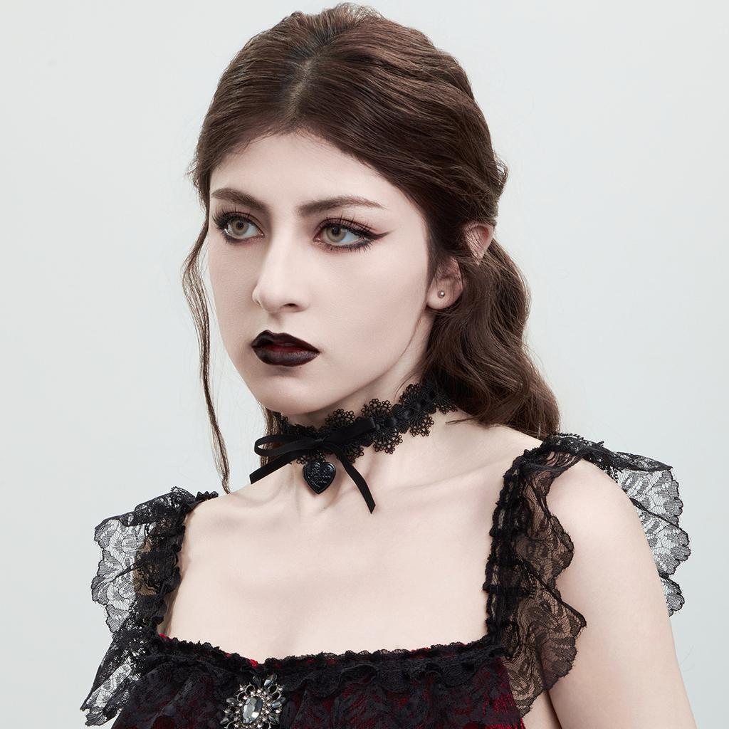 Sweet Cool Lolita Bow Love Necklace Necklace, Black Lace Up Choker Jewelry