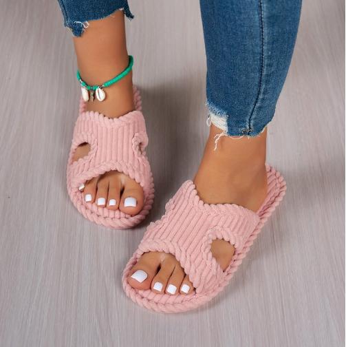

Fashion Solid Striped Women s Cotton Fabric Slippers Indoor Cross Strap Open Toe Flat Flip Flops Autumn Lightweight Comfort Slides 42-43 розовый
