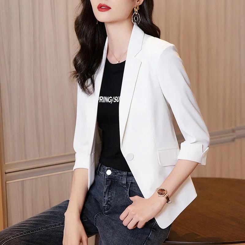 Small Blazer Women's Three-quarter Sleeve Autumn New Slim Casual Short Versatile Solid Color Suit Top for Small People