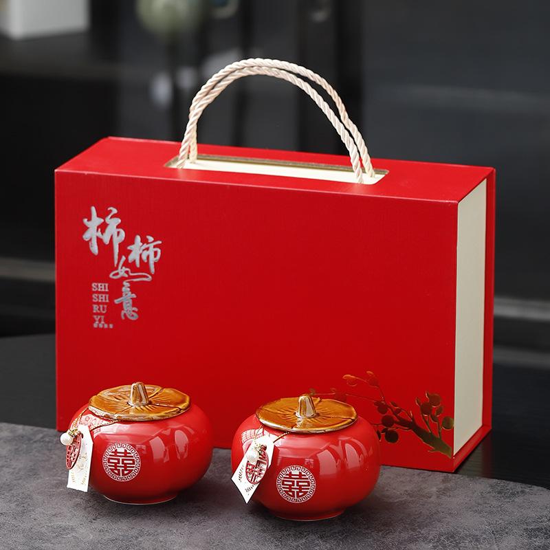 Ceramic Tea Set for Chinese Wedding, Persimmon Teaware, Kung Fu Tea, Porcelain Orange Teapot, Creative Tea Ceremony
