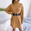Women Casual Color High Collar Long Sleeve Bottomed Wool Dress