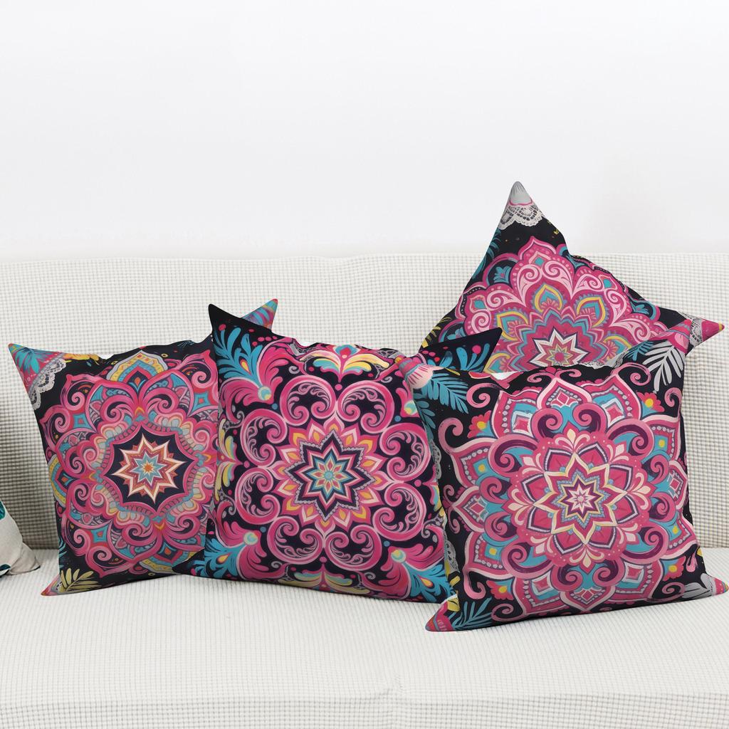 4Pcs/Set Boho Pink Mandala Throw Pillow Covers, Colorful Bohemian Floral Cushion Cases, Polyester/Linen, Ethnic Home Decoration
