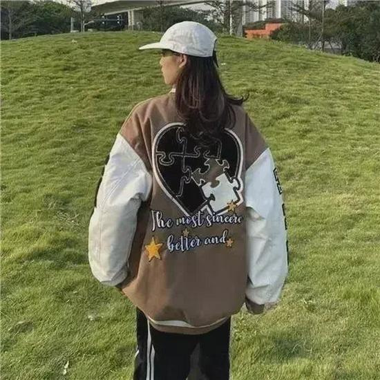 Women's 2023 Retro American Embroidered Baseball Jacket - Loose Cotton Coat for Spring and Autumn