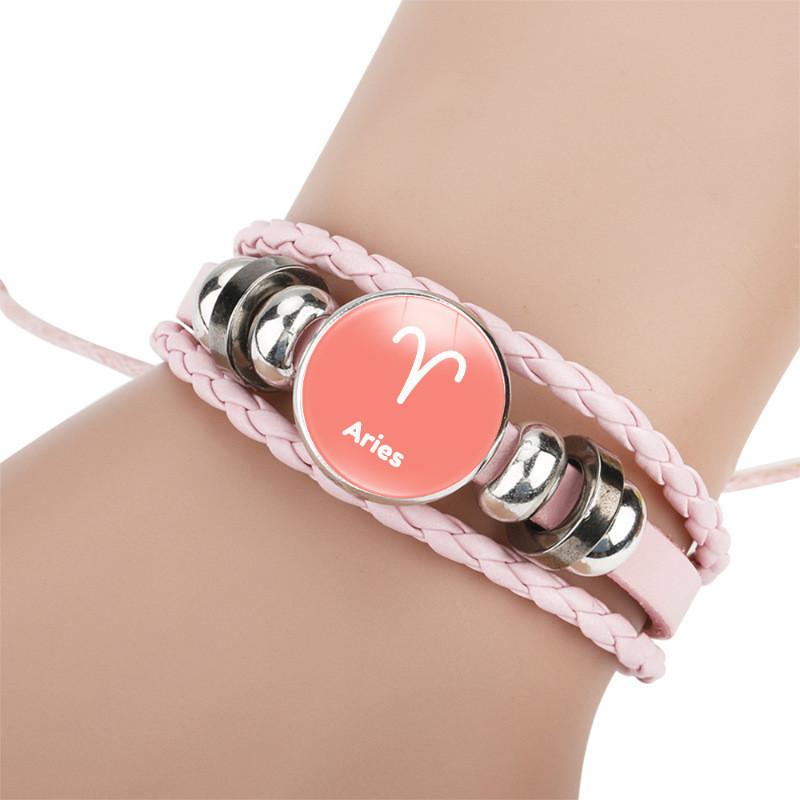 Fashionable Zodiac Sign Pink Leather Bracelet Handcrafted Multi-layer Design
