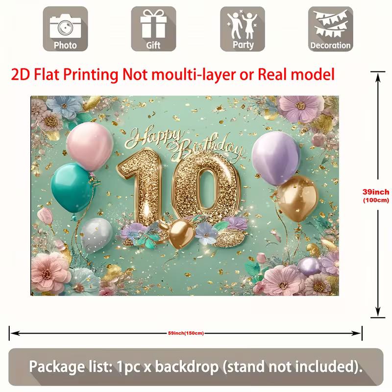 

2D 10th Birthday Backdrop, Mint Green Floral & Pastel Balloon Party Wall Decor Banner 47.2x31.5inch/120*80cm