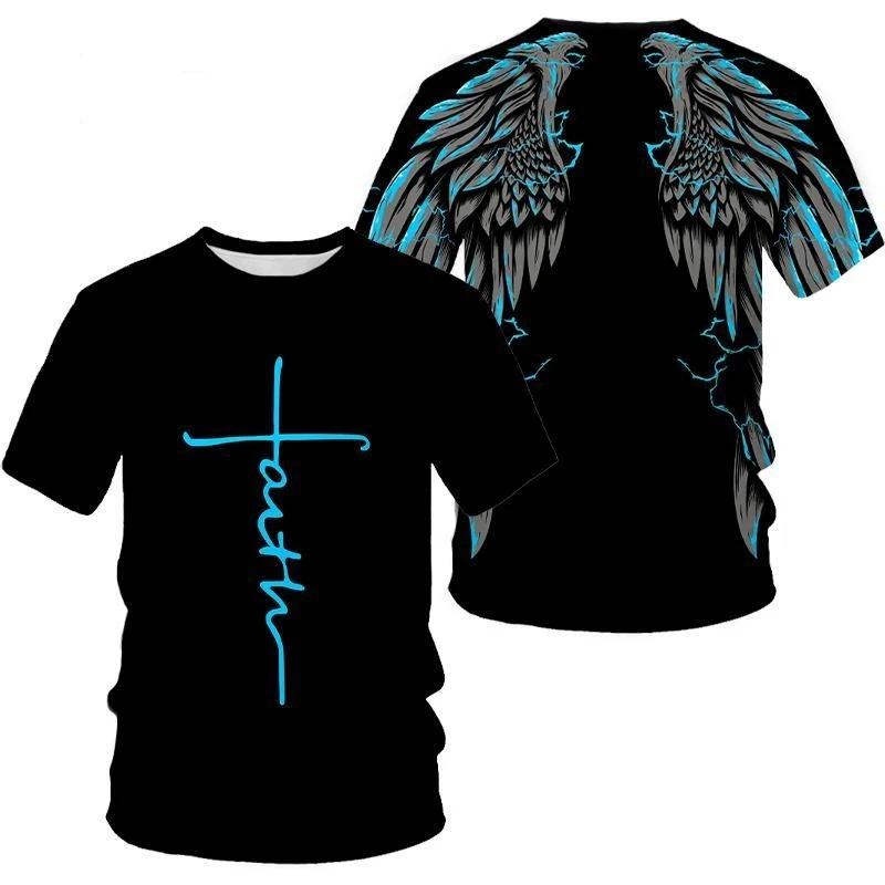 Angel Wings Cross 3D Printed T-Shirts Fashion Cool and Fun Round Neck Short Sleeve Men's T-shirts