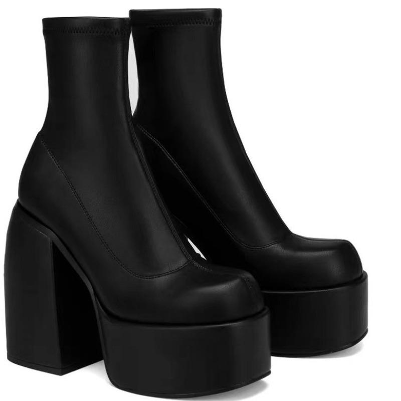 Large Size Women's Leather Boots New Style Square Head Platform High-heeled  Women Shoes Black and White Square Heel Short Boot