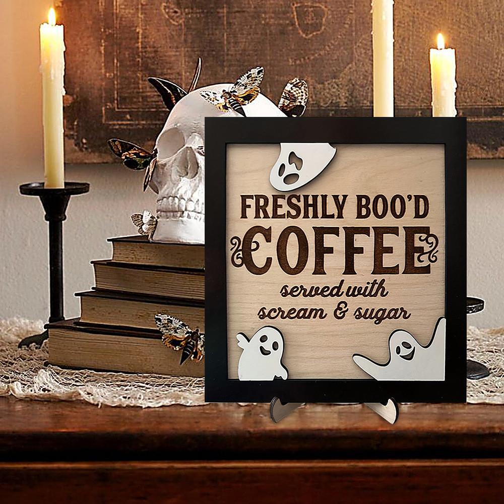 Bood Coffee Freshly Halloween Sign Bar Decor Office Ornament Photo Ghost Frame