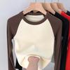 Top feminino de algodão com alta elasticidade, outono e inverno, vintage, contraste, raglan, cintura alta, manga comprida