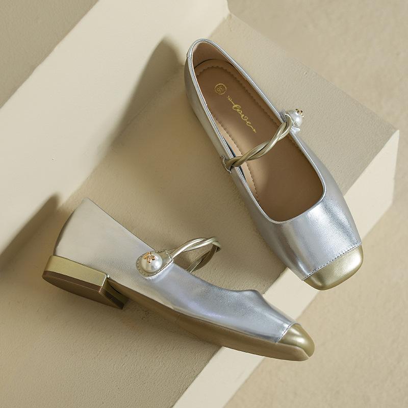 

Leather flat for Huizhou women s shoes grape mother same single shoes women s thick heel French Mary Jane shoes women s high heel 40 серебряный