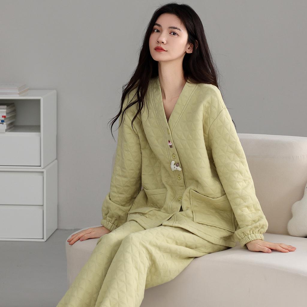 Air Cotton Pajamas Women'S Spring And Autumn Thickened Pure Cotton Loungewear Autumn And Winter Interlayer Thin Padded Cotton Set