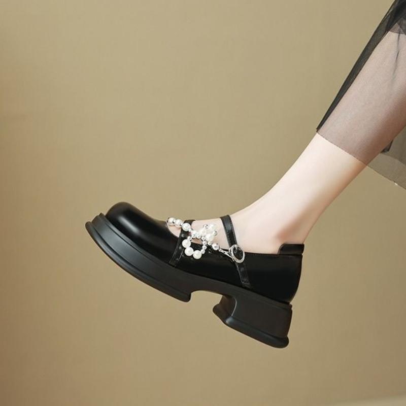 2025 New Women's Black Thick Sole Mary Jane Loafer with Pearl Chain Detail College Style Spring and Autumn Fashion Shoes