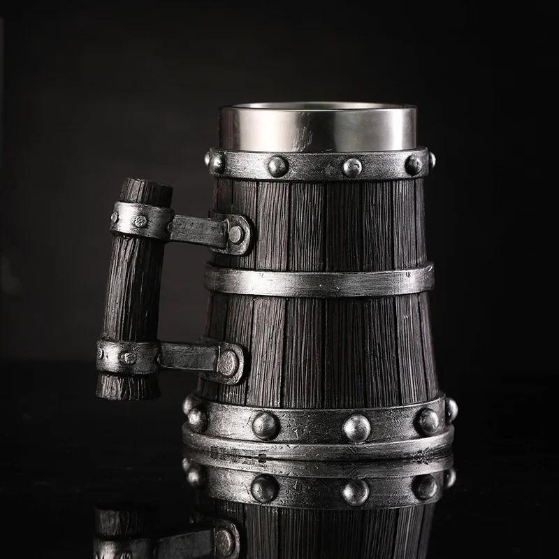 600ml Viking Wood Style Beer Mug 3D Resin Stainless Steel Coffee Cup Wine Glass Metal Double Wall Beer Jug Cup Thermal Barware