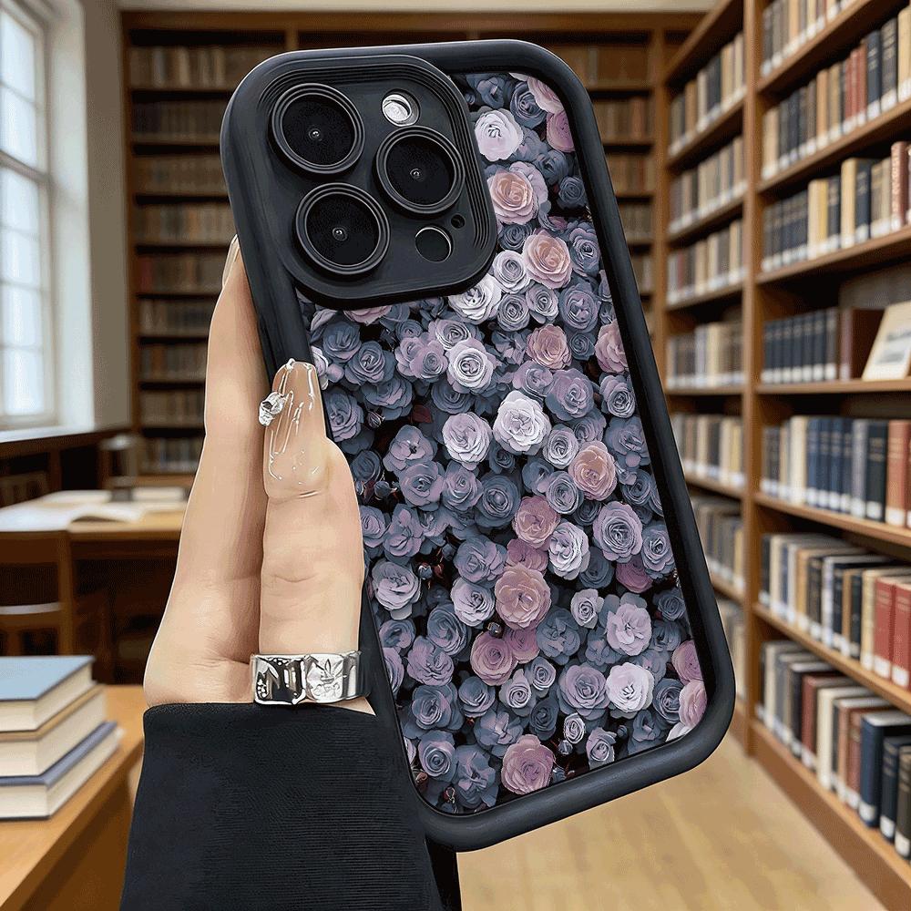 Dense Purple Rose Pattern Soft TPU Phone Case for iPhone 17 16 15 14 13 12 11 Pro Max Plus Shockproof Anti-Slip Cover