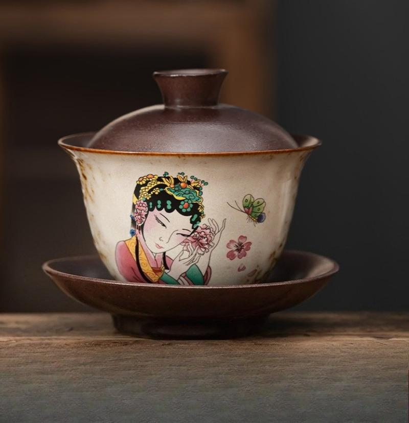 Chinesische Holzgebrannte Nationaler Trend Schönheit Gaiwan - Keramische Tee-Servierschale, Kung Fu Tee-Set, 170 ml Fassungsvermögen
