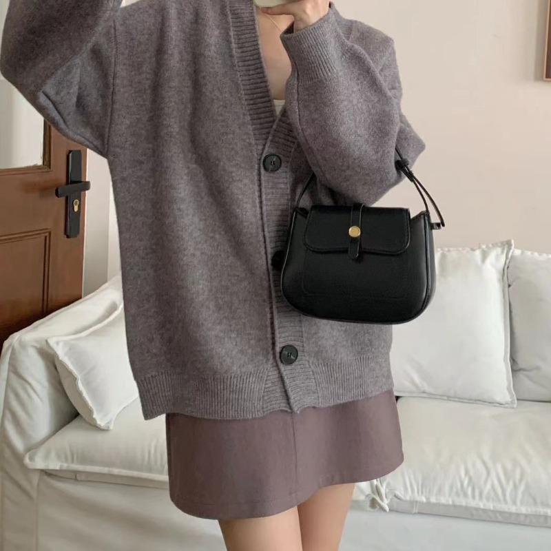 Autumn and Winter New Loose Wind Lazy V-neck Knitted Cardigan Top Women's Solid Color Soft Waxy Casual Versatile Sweater Jacket