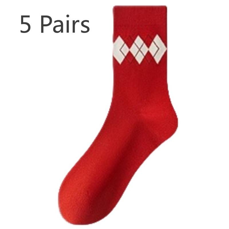 5 Pairs of Women's Autumn and Winter Pure Cotton Wedding New Year Boneless Red Socks