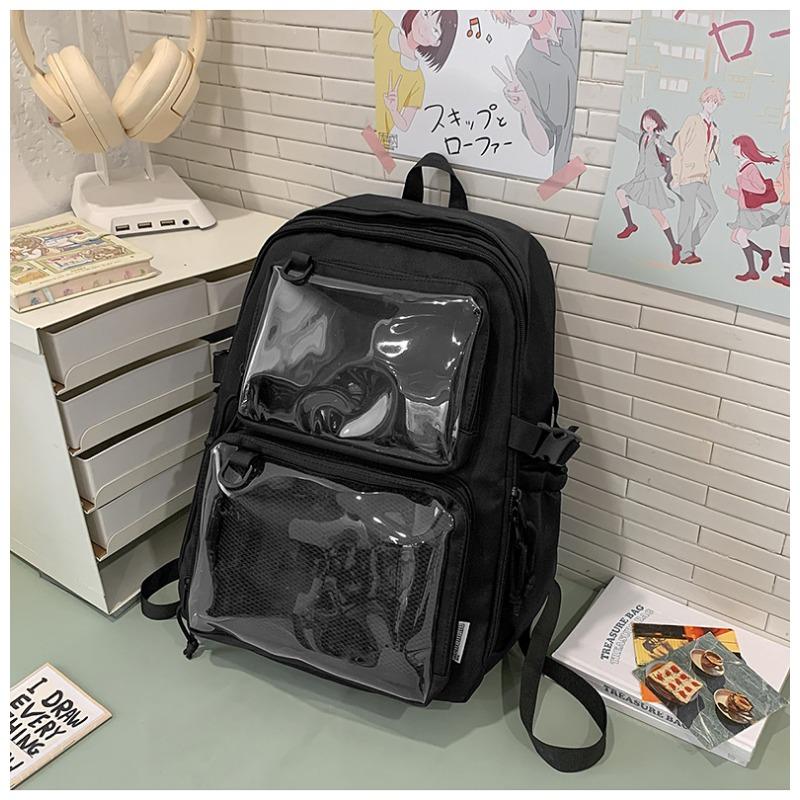 

Cartoon Badge Transparent Smug Pain Bag for Female Students, Japanese-style Simple Large-capacity Backpack, Campus-style Schoolbag