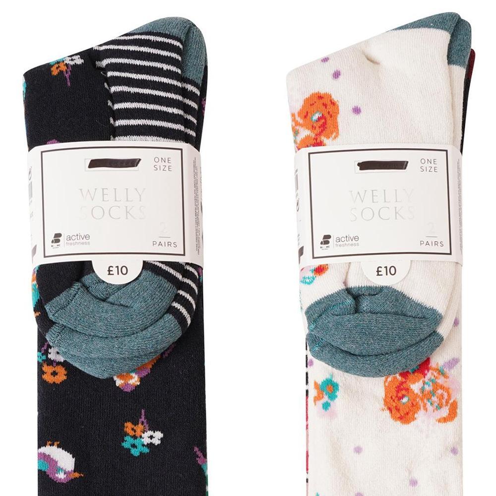 Ex Store Womens/Ladies Floral Stripes Socks (Pack of 4)