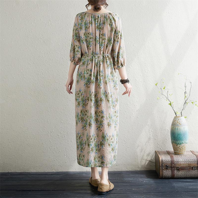 Krátký rukáv Plus size Bavlněné vintage květinové nové šaty pro ženy ležérní volné dlouhé letní šaty