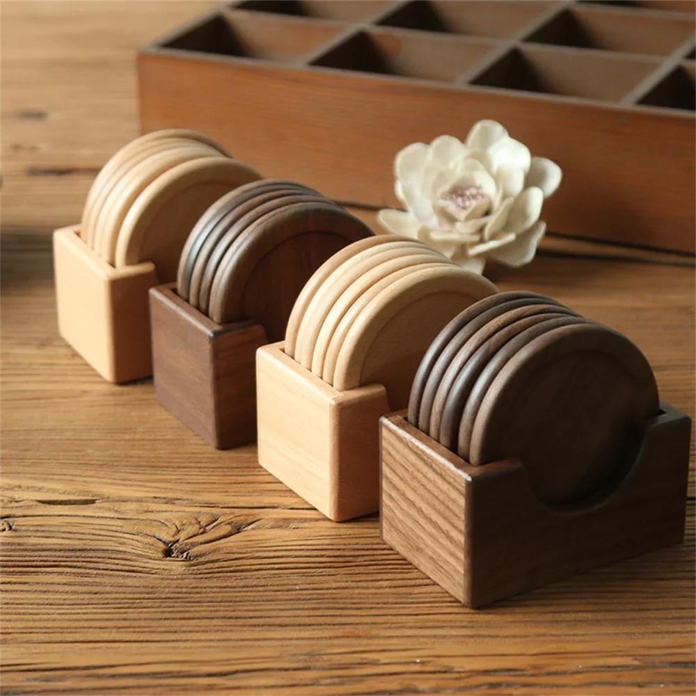 6pcs/set Blank Wood Placemats Coasters Tea Coffee Cup Pad Decor Durable Heat Resistant Square Round Drink Mat Bowl Teapot Holder