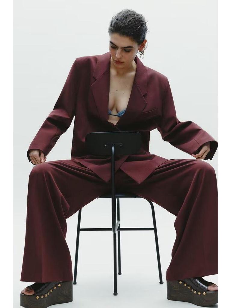 2025 Women's Double-Breasted Suit Jacket & High-Waisted Pants Set - European & American Casual Style