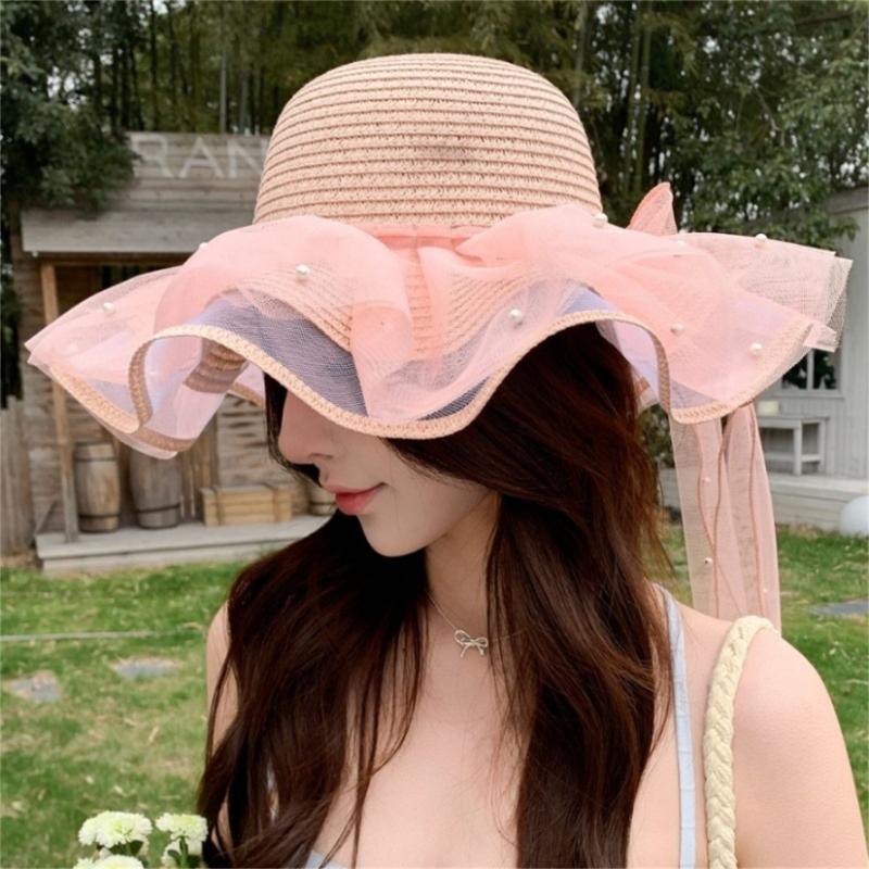 Elegant Sun Hat For Women Paper Straw Breathable And Foldable Lace Bowknot Wide Brims Panama Hat for Camping Travel
