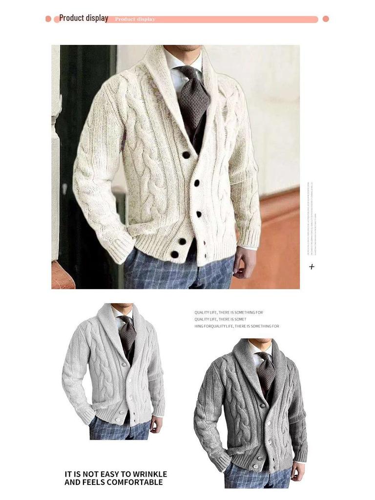 Pánský svetr s klopou a dlouhým rukávem, pletený copánkovým vzorem, jako kabátek - Podzimní/Zimní kolekce 2025