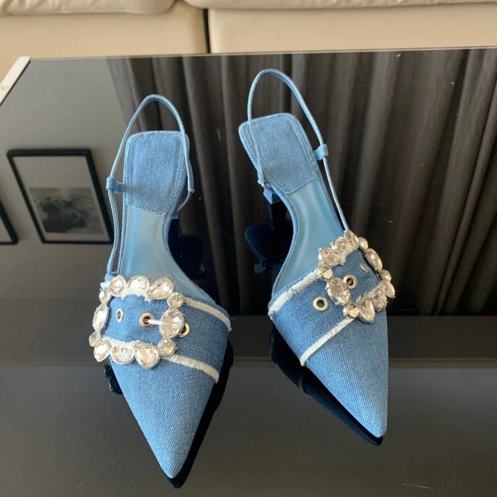 

Женские босоножки на высоком каблуке Модные джинсовые туфли со стразами и блестками на каблуках Женские туфли-лодочки с острым носком на высоком каблуке Элегантные женские туфли 39