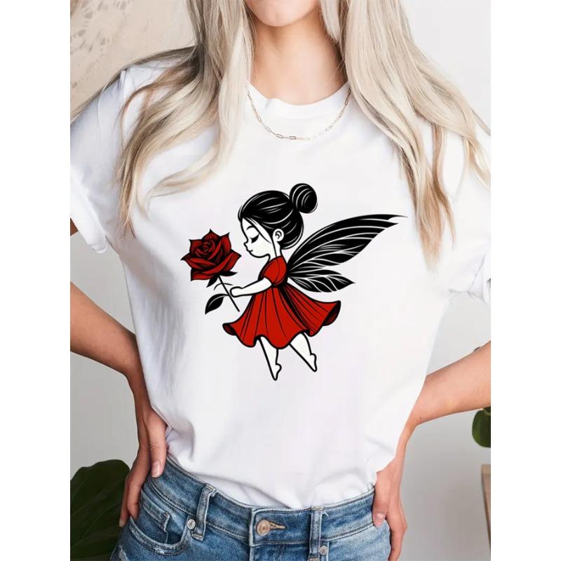 Rose Print, Fairy, Printed T-shirt, Casual Round-neck Short-sleeve Top, Suitable for Spring and Summer Wear, All-season, Women's Clothing