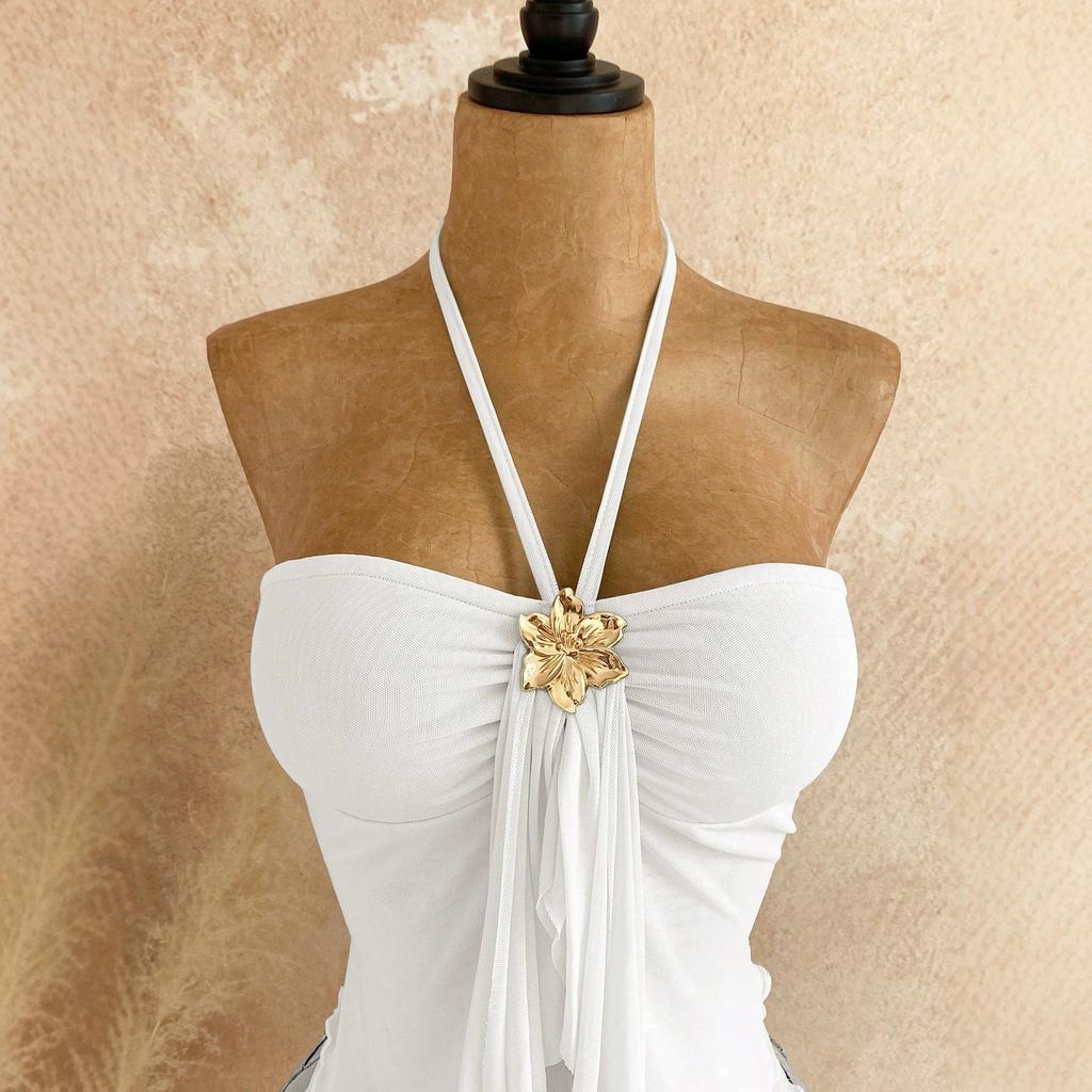 Women Solid Color Halter Backless Irregular Hem Mesh Camisole Top