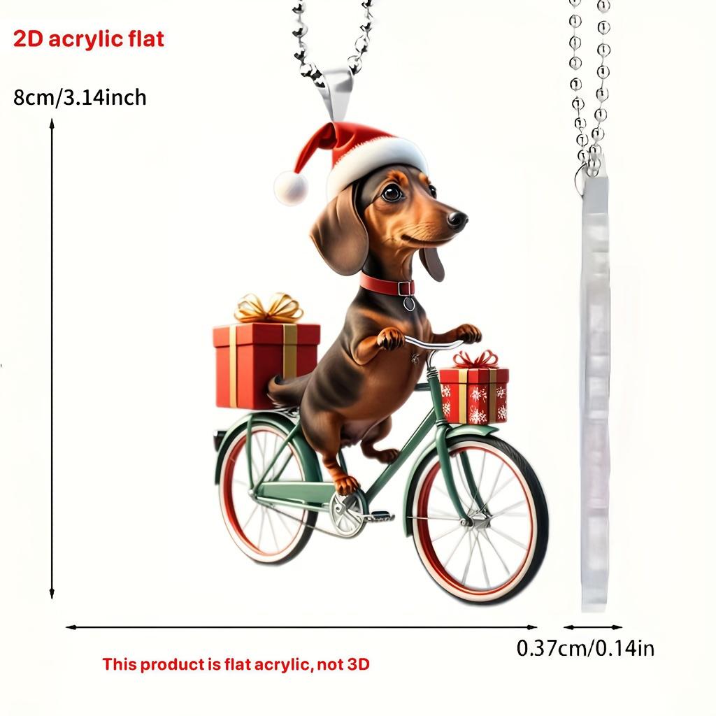 1pc Christmas Riding Dog Acrylic Hanging-Holiday Vintage Bike with Gift Car and Bag Keychain Decoration